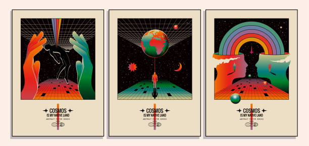 Retro abstract space with human silhouette in space poster or cards set for book cover or music album cover. Abstract cosmos. Vector illustration