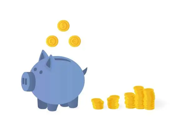 Vector illustration of Piggy bank for saving money with gold coins and different currencies. Vector illustration
