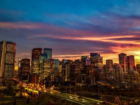 Calgary, Canada - October, 2017: Calgary downtown as seen from Rotary Park, at sunset in October.