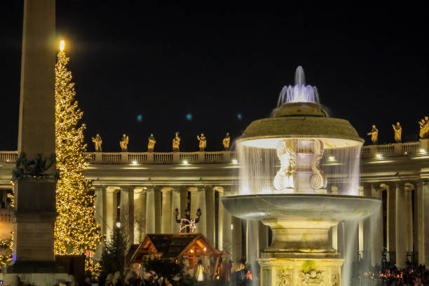 Vatican City, Italy - December, 2019: Nativity scene and Christmas tree on St. Peter's Square in Italy.