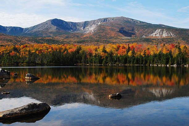 Photo of A mountain looking over a lake in autumn in Maine