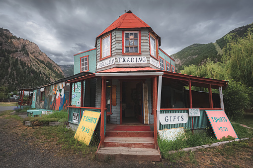 Hedley, Canada - June 14 2019: An old-fashioned trading post in the rural mining town Hedley, BC against a dark moody sky in the Okanagan.