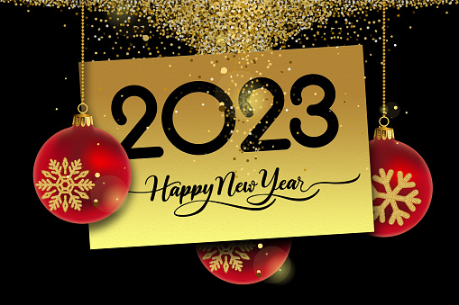 2023 Happy New Year in golden design, Holiday greeting card design.