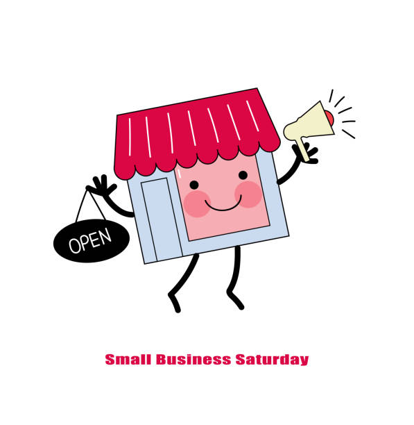 funny store character  with megaphone and a sign open, Saturday small business event, vector doodle cartoon flat illustration , banner, poster, flyer for social media funny store character  with megaphone and a sign open, Saturday small business event, vector doodle cartoon flat illustration , banner, poster, flyer for social media. small business saturday stock illustrations