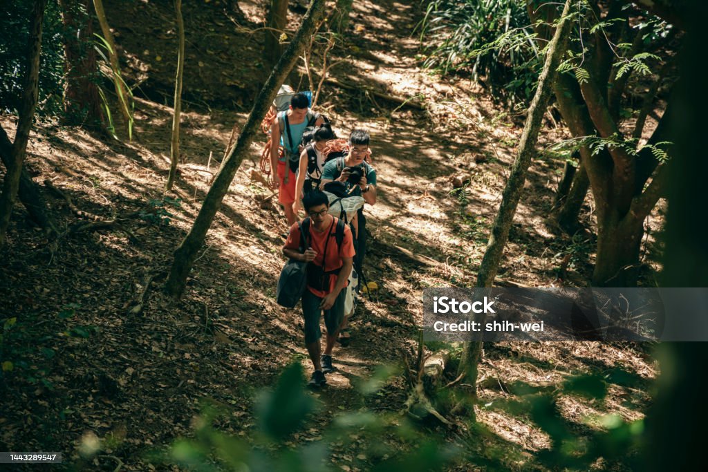 Climbing team head to rock climbing site with equipment on their backs - 免版稅一起圖庫照片