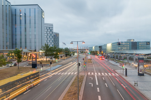Copenhagen, Denmark - July 27, 2022: Early morning view on street along terminals at Copenhagen Airport, Kastrup.