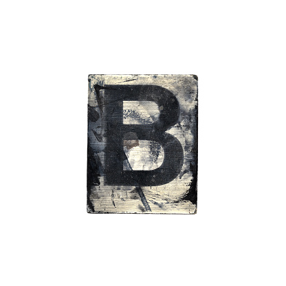 Photograph of letters printed on painted wood. Nice grunge style in flat lay on white background. Check out more letters: