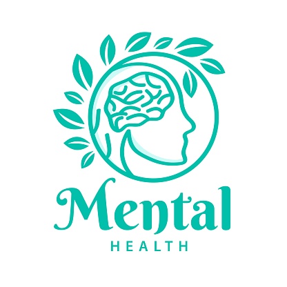 Mental Health logo with brain and green leaves. Vector concept for hospital, Human head. Human brain anatomy