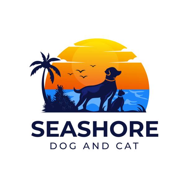 векторная иллюстрация домашние животные собака и кошка остров вид фон, озеро, солнце можно использовать зоомагазин - puppy feline domestic cat fur stock illustrations
