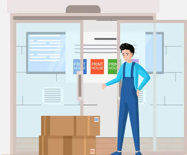 Vector illustration of Man looking at equipment for printers in containers. Employee counts boxes with printed material