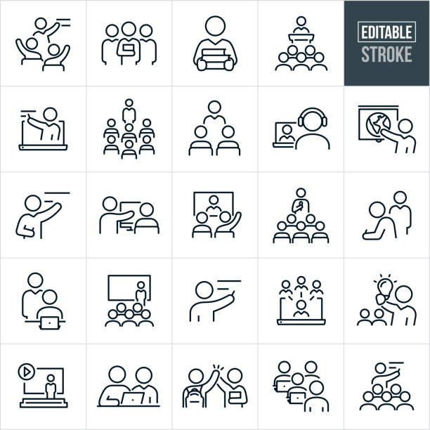 ilustraciones, imágenes clip art, dibujos animados e iconos de stock de profesores y profesores iconos de línea fina - trazo editable - profesor, instructor, profesor, educación, formación, académicos, estudiante, enseñanza, aprendizaje, conferencia, instrucción, educación en línea, e-learning - clase de formación