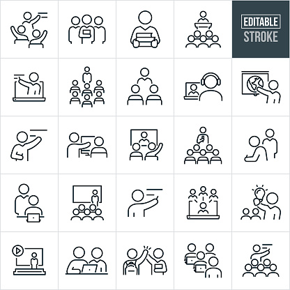 A set of teachers and professors icons that include editable strokes or outlines using the EPS vector file. The icons include a teacher teaching from a chalkboard and asking questions while the students raise their hands to answer the questions, a group of professors standing and looking towards viewer, professor with a stack of textbooks, professor teaching a group of students from podium, a teacher teaching through online education, instructor teaching a group of people, student taking an online class with instructor on computer screen, teacher teaching geography by pointing to world globe, teacher teaching from chalkboard with chalk in hand, instructor assisting student on computer, professor teaching a class via video conference, teacher watching student take exam, instructor giving presentation at conference center to an audience of people, teacher writing on chalkboard, professor with lit lightbulb with students in background, video of professor giving lecture, teacher sitting at the side of student to help with work on computer, professor giving a student a high five, instructor teaching students in computer lab and a professor giving instruction to a group of students.