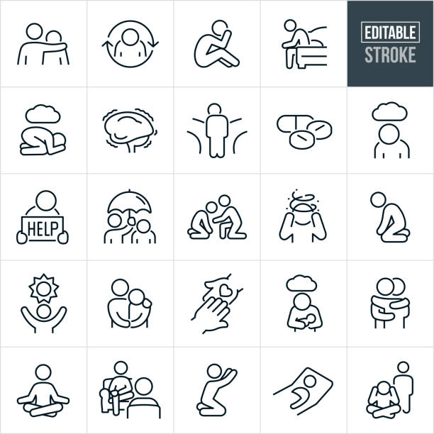 mental health thin line icons - editable stroke - icons include mental illness, depression, anxiety, bipolar, mental disorder, person, teenager, adult, sadness, schizophrenia, hope, help - depresyon stock illustrations