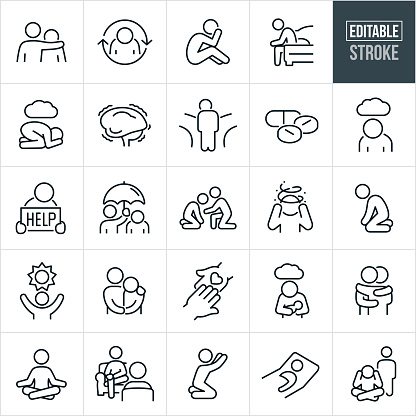 A set of mental health icons that include editable strokes or outlines using the EPS vector file. The icons include a father with arm around sad teenagers shoulder, depressed person in a cycle of depression, person with mental illness sitting with head in hands, depressed person sitting at bedside with head down, teenager with anxiety in fetal position on ground with dark cloud overhead, mental anguish, sad person trying to choose path while standing at fork in the road, ant-depressant medication, person sad with head down and dark cloud overhead, person with mental illness holding a help sign, adult with an umbrella over a depressed child, person reaching out to help depressed person on knees, mental confusion from depression, depressed woman on knees, person with sun overhead to represent hope of overcoming mental illness, spouse with arm around depressed spouses shoulders, hand reaching out to depressed persons hand to offer love and hope, mother holding newborn baby with cloud overhead to represent postpartum depression, person hugging a person with mental illness, person meditating to combat mental illness, person with mental illness in counseling with psychiatrist, sad person on knees reaching the heavens for help, depressed person sick in bed and a depressed teenager sitting cross-legged on ground.