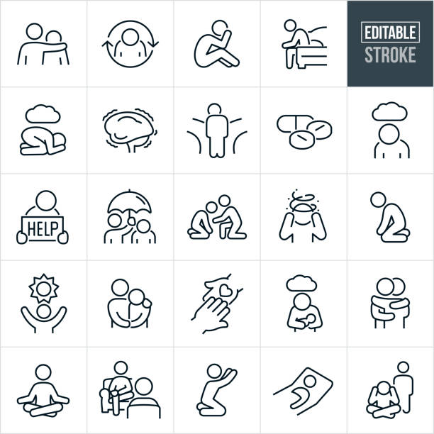 Mental Health Thin Line Icons - Editable Stroke - Icons Include Mental Illness, Depression, Anxiety, Bipolar, Mental Disorder, Person, Teenager, Adult, Sadness, Schizophrenia, Hope, Help A set of mental health icons that include editable strokes or outlines using the EPS vector file. The icons include a father with arm around sad teenagers shoulder, depressed person in a cycle of depression, person with mental illness sitting with head in hands, depressed person sitting at bedside with head down, teenager with anxiety in fetal position on ground with dark cloud overhead, mental anguish, sad person trying to choose path while standing at fork in the road, ant-depressant medication, person sad with head down and dark cloud overhead, person with mental illness holding a help sign, adult with an umbrella over a depressed child, person reaching out to help depressed person on knees, mental confusion from depression, depressed woman on knees, person with sun overhead to represent hope of overcoming mental illness, spouse with arm around depressed spouses shoulders, hand reaching out to depressed persons hand to offer love and hope, mother holding newborn baby with cloud overhead to represent postpartum depression, person hugging a person with mental illness, person meditating to combat mental illness, person with mental illness in counseling with psychiatrist, sad person on knees reaching the heavens for help, depressed person sick in bed and a depressed teenager sitting cross-legged on ground. sadness stock illustrations