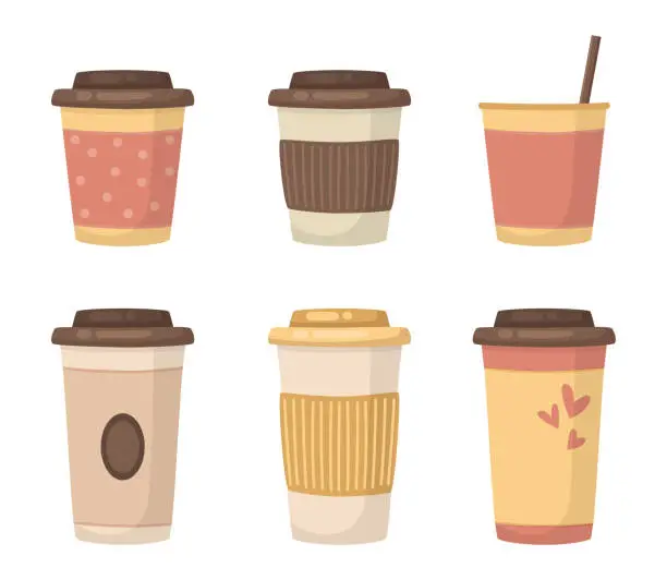 Vector illustration of Paper cups with coffee or hot drinks vector illustrations