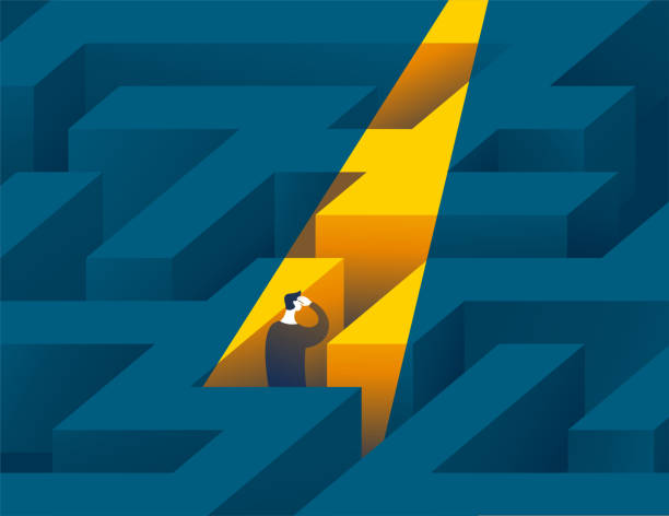Confused man stay at maze in spot light Business solution conceptual design illustration. Confused and highlighted man stay at maze in spot light maze road street confusion stock illustrations
