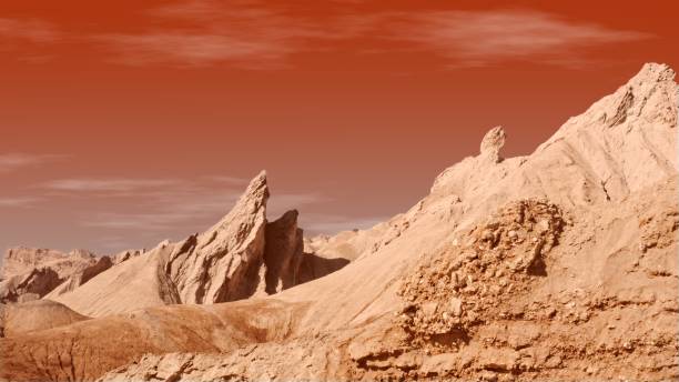 istock Unearthly and ethereal mountain cliff landscape - red sky 1443294614