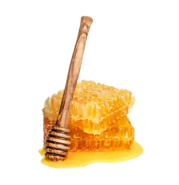 Honey isolated on white background. Honeycomb and honey dipper with drop of honey.