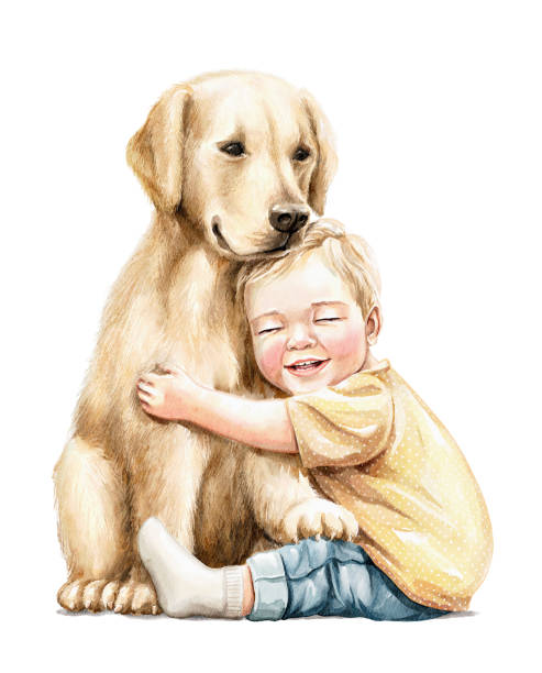 ilustraciones, imágenes clip art, dibujos animados e iconos de stock de acuarela personajes imaginarios dibujos animados niño pequeño en ropa se sienta y abraza a un perro - dog school illustrations