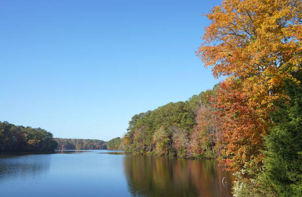 istock Fall foliage at Lake Johnson, a popular park in Raleigh, NC 1443296850