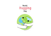 istock Social media horizontal banner template for World hugging  day. Funny planet character. Vector flat cartoon doodle banner. 1443297984