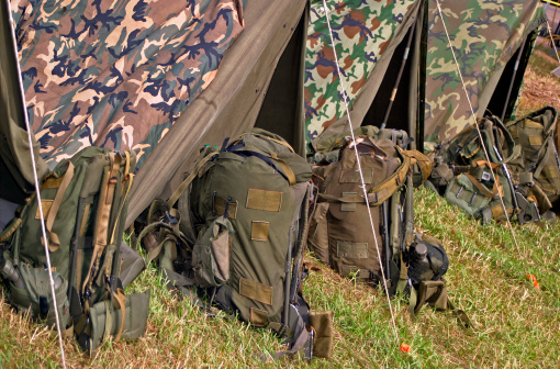 Military camping equipment,backpacks and tents.