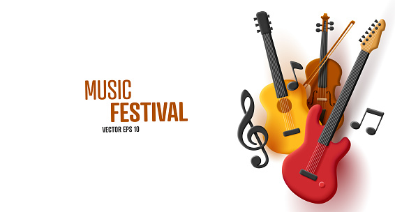 Music festival 3d composition of guitar violin and bass with clef and notes, colorful poster element, isolated