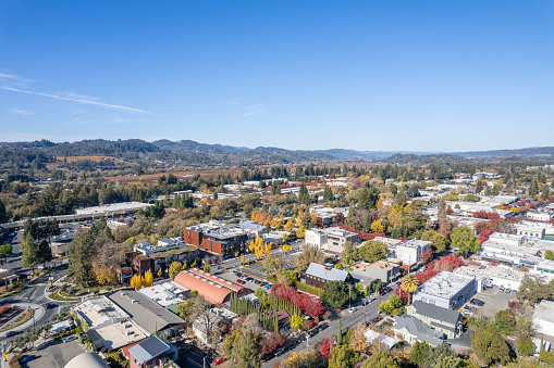 Aerial view of fall colors in downtown Healdsburg on a sunny day.