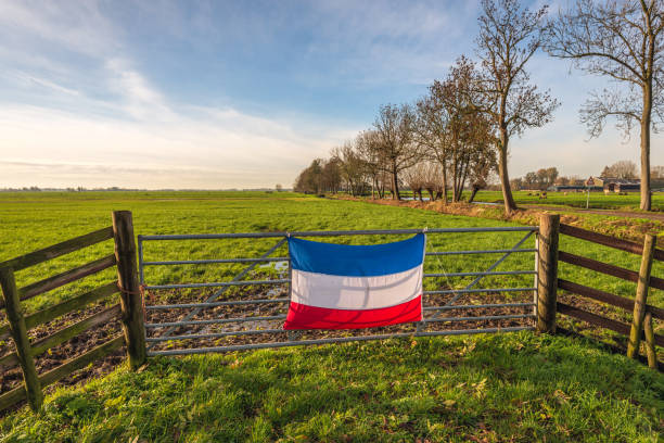 inverted dutch flag mounted on a gate in front of a meadow - alblasserwaard imagens e fotografias de stock