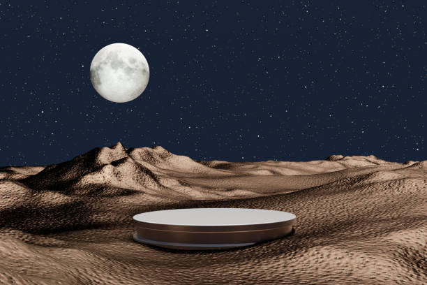 istock 3D render Platform and natural podium on mountain with star and moon at night for product stand display advertising cosmetic beauty products or skincare with empty round stage 1443302202