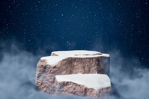 3D render Platform and natural style rock mountain hill podium on cloud with star at night for product stand display advertising cosmetic beauty products or skincare with rock stage