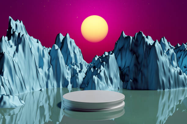 istock 3D render Platform and natural stone podium on mountain at sunset for product stand display advertising cosmetic beauty products or skincare with empty round stage 1443302210