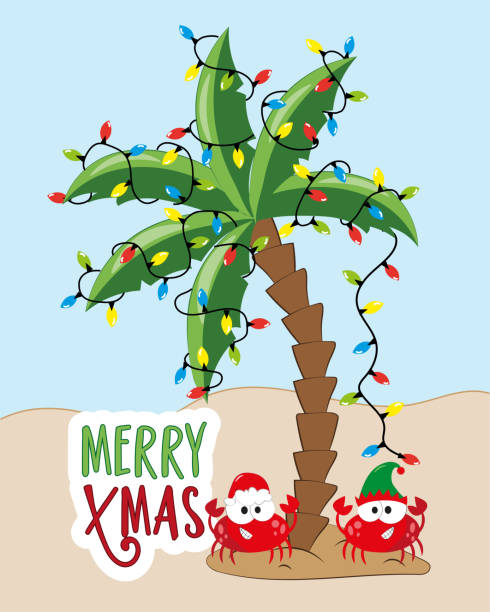 illustrations, cliparts, dessins animés et icônes de joyeux noël - carte de vœux de dessin animé drôle. crabes dans l’île et palmier avec des lumières de noël - christmas palm tree island christmas lights