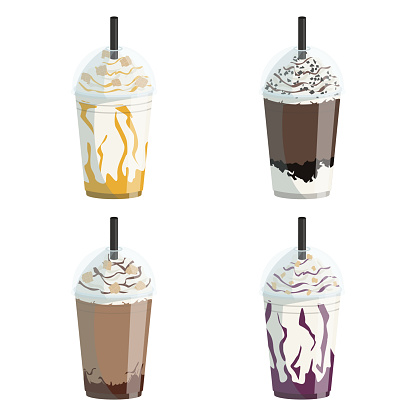 Set of vector glasses with different types of takeaway cold coffee.