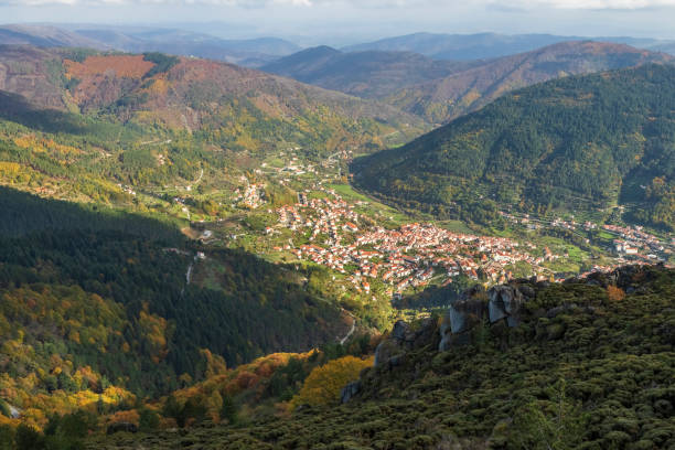 View over the village of Manteigas and the Zêzere river valley in Serra da Estrela, Portugal, in autumn. stock photo