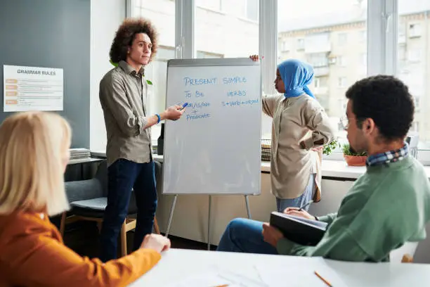 Young confident student or teacher making presentation of Present Simple tense while standing by whiteboard in front of audience