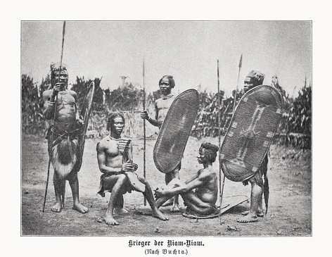 Azande warriors in South Sudan. The Azande are an Ubangian ethnic group in Central Africa. They live in the south-central and southwestern part of South Sudan, southeastern[citation needed] Central African Republic, and northeastern parts of the Democratic Republic of the Congo. Halftone print after a photograph (ca. 1877/80) by Richard Buchta (Austrian Africa explorer, author and photographer, 1845 - 1894), published in 1899.