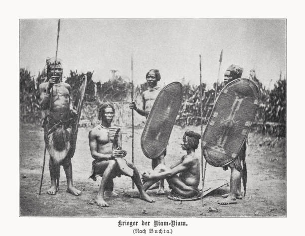 Azande warriors in South Sudan, halftone print, published in 1899 Azande warriors in South Sudan. The Azande are an Ubangian ethnic group in Central Africa. They live in the south-central and southwestern part of South Sudan, southeastern[citation needed] Central African Republic, and northeastern parts of the Democratic Republic of the Congo. Halftone print after a photograph (ca. 1877/80) by Richard Buchta (Austrian Africa explorer, author and photographer, 1845 - 1894), published in 1899. african warriors stock illustrations