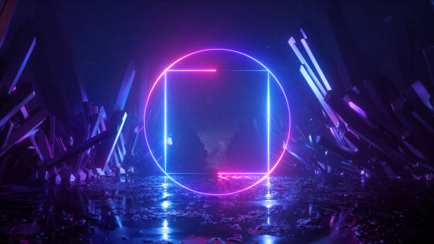 istock 3d rendering, abstract neon background with cosmic landscape, crystals and glowing geometric shapes. Fantastic ultraviolet wallpaper 1443308739