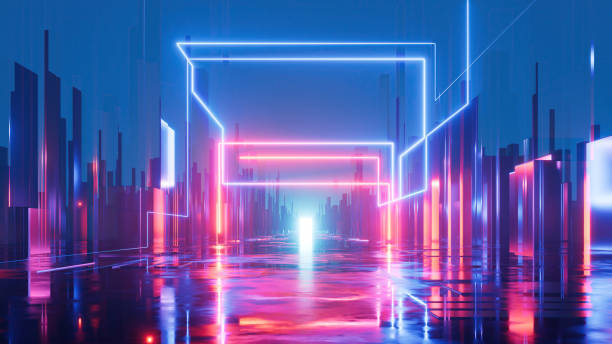 istock 3d render, abstract geometric neon background. Virtual city with red blue glowing lines 1443308798