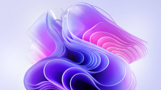 istock 3d render, modern abstract wallpaper with curvy pink violet translucent film ruffles, layers and folds. Fashion background 1443309217