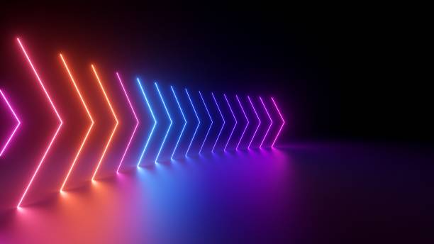istock 3d render, abstract panoramic red blue pink neon background with arrows showing right direction, glowing in the dark 1443309332