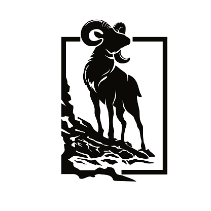 argali mountain sheep silhouette with rock and square background[] illustration