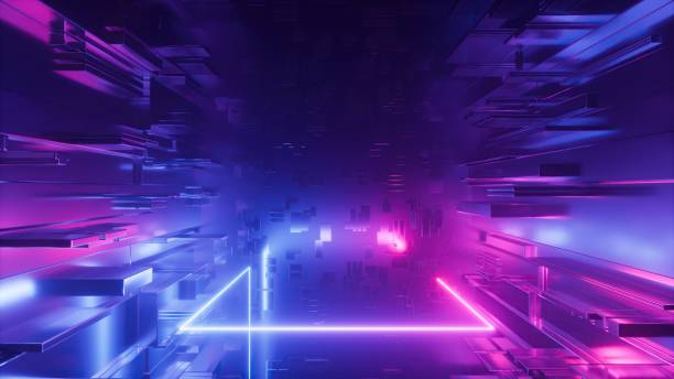 istock 3d render, abstract geometric background with shapes and neon lines glowing in ultraviolet light 1443309481