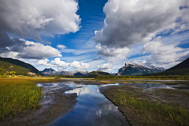 monte rundle, lagos vermillion, parque nacional de banff, canadá - scerene fotografías e imágenes de stock