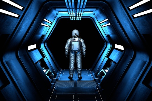 Astronaut cosmonaut goes into outer space along the corridor. Space exploration, flights to distant stars and galaxies. Man in a spacesuit stands in the tunnel of the space station. 3d render