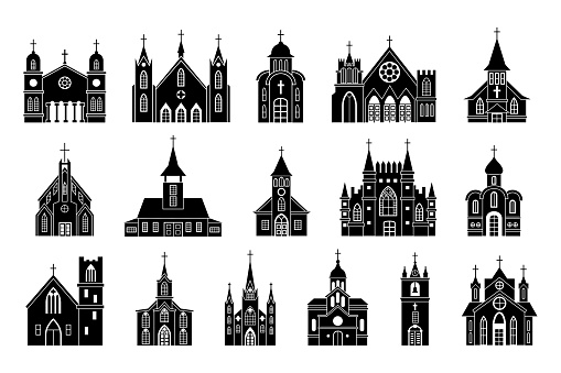 Church icons, chapel buildings silhouettes. Simple city exteriors, sanctuary basilica signs, garish religion. Front view temple facade. Catholic tower with bells. Vector graphic design illustration