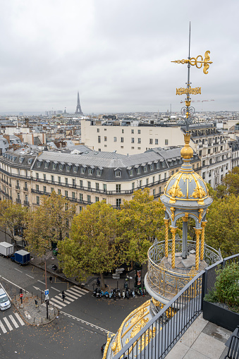 Boulevard Haussmann. Panoramic view of Paris from the roofs of Le Printemps at christmas