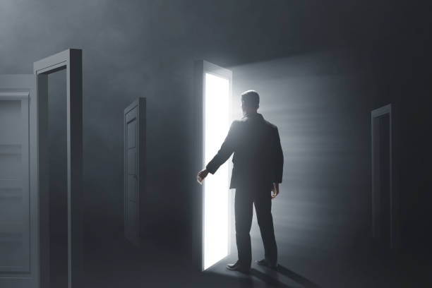 istock Business man open the door 3d illustration 1443314322